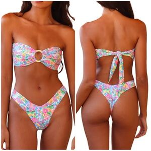 Multicolor Floral Bandeau High Cut Thong Bikini Set